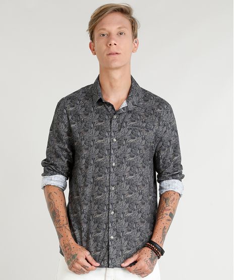 Camisa-Masculina-Estampada-de-Folhagens-com-Bolso-Manga-Longa-Verde-Escuro-9350186-Verde_Escuro_1