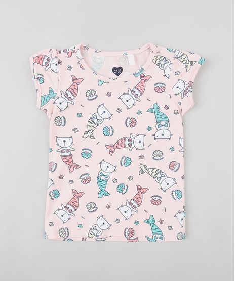 Blusa-Infantil-Estampada-de-Gato-Sereia-Manga-Curta-Decote-Redondo-Rosa-Claro-9301882-Rosa_Claro_1