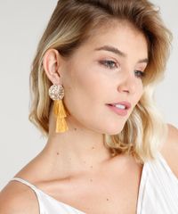 Brinco-Feminino-Redondo-Texturizado-com-Tassel-Dourado-9261681-Dourado_2