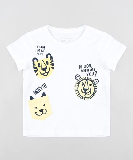 Camiseta Infantil com Estampa Interativa de Bichos Manga Curta Gola Careca Branca Menor preço em Camiseta Infantil com Estampa Interativa de Bichos Manga Curta Gola Careca Branca