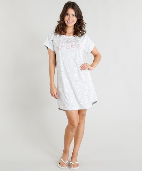 Camisola-Feminina-com-Estampa-de-Monstrinhos-Manga-Curta-Cinza-Mescla-Claro-9376674-Cinza_Mescla_Claro_1