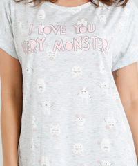 Camisola-Feminina-com-Estampa-de-Monstrinhos-Manga-Curta-Cinza-Mescla-Claro-9376674-Cinza_Mescla_Claro_3