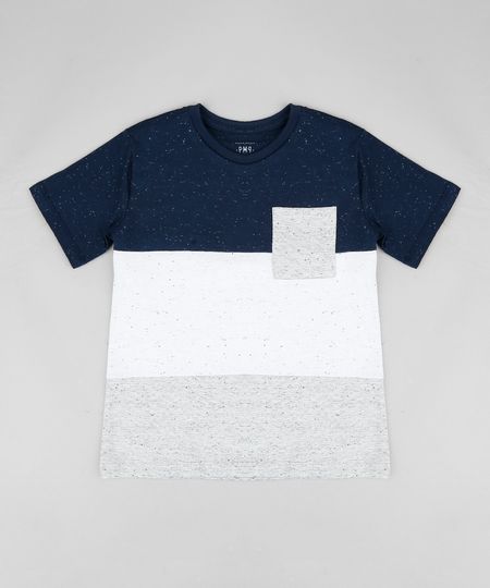Camiseta Infantil Botonê Listrada com Bolso Manga Curta Gola Careca Azul Marinho Menor preço em Camiseta Infantil Botonê Listrada com Bolso Manga Curta Gola Careca Azul Marinho