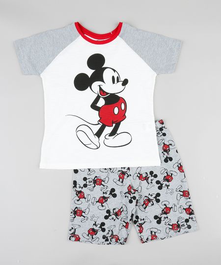 Pijama Infantil Mickey Raglan Manga Curta Off White Menor preço em Pijama Infantil Mickey Raglan Manga Curta Off White
