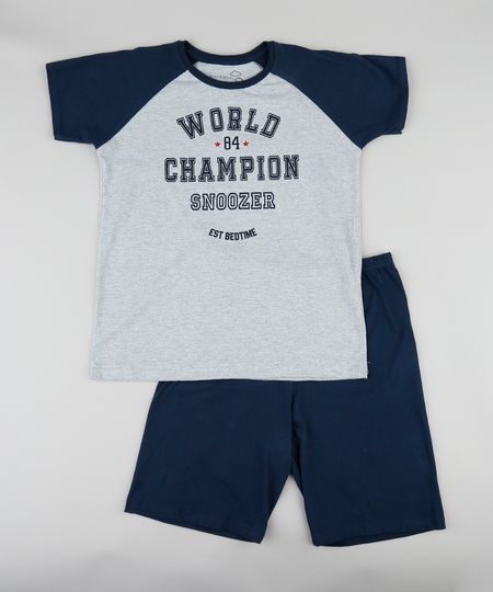 Pijama-Infantil--World-Champion--Raglan-Manga-Curta-Cinza-Mescla-9341954-Cinza_Mescla_1