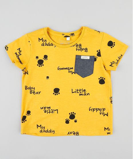 Camiseta-Infantil-Estampada-de-Patinhas-com-Bolso-Manga-Curta-Gola-Careca-Mostarda-9407312-Mostarda_1
