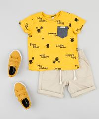 Camiseta-Infantil-Estampada-de-Patinhas-com-Bolso-Manga-Curta-Gola-Careca-Mostarda-9407312-Mostarda_3
