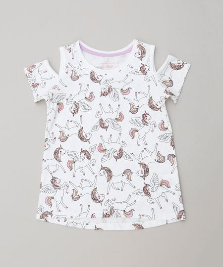 Blusa Infantil Open Shoulder Estampada de Unicórnios Decote Redondo Branca Menor preço em Blusa Infantil Open Shoulder Estampada de Unicórnios Decote Redondo Branca