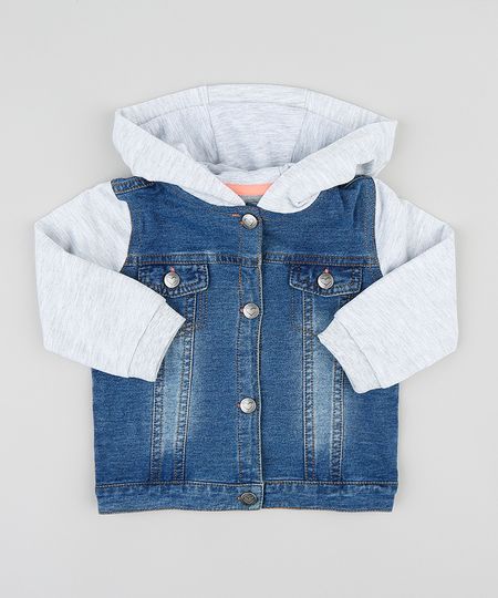 Jaqueta Jeans Infantil com Capuz Manga Longa em Moletom Azul Médio Menor preço em Jaqueta Jeans Infantil com Capuz Manga Longa em Moletom Azul Médio