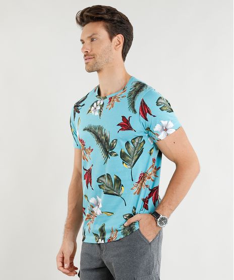 Camiseta-Masculina-Slim-Fit-Estampada-de-Folhagens-Manga-Curta-Gola-Careca-Azul-Claro-9385988-Azul_Claro_1