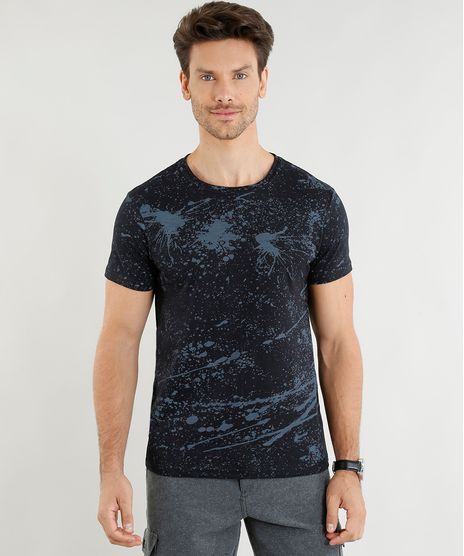 Camiseta-Masculina-Slim-Fit-Estampada-de-Respingos-Manga-Curta-Gola-Careca-Preta-9310978-Preto_1