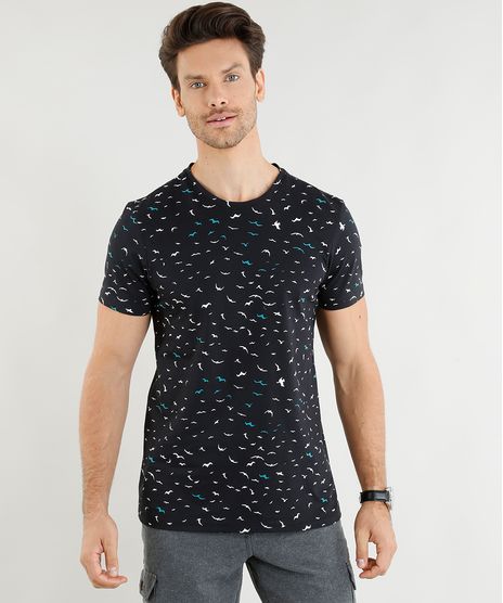 Camiseta-Masculina-Slim-Fit-Estampada-de-Passaros-Manga-Curta-Gola-Careca-Preta-9396978-Preto_1