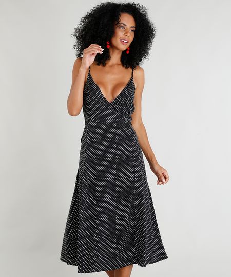 Vestido Feminino Midi Envelope Estampado de Poás Alças Finas Decote V Preto Menor preço em Vestido Feminino Midi Envelope Estampado de Poás Alças Finas Decote V Preto