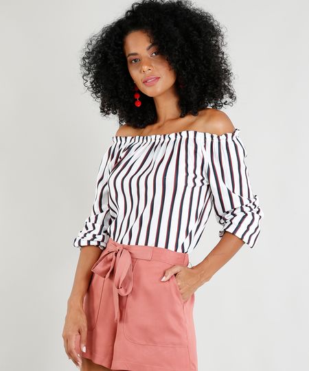 Blusa Feminina Ombro a Ombro Listrada Manga Longa Branca Menor preço em Blusa Feminina Ombro a Ombro Listrada Manga Longa Branca