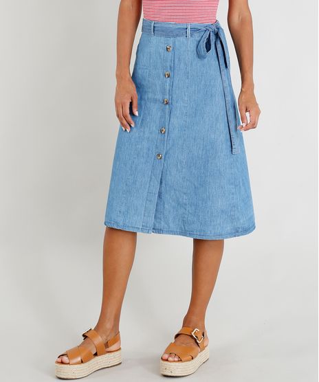 Saia-Jeans-Feminina-Midi-com-Botoes-e-Faixa-para-Amarrar-Azul-Claro-9365655-Azul_Claro_1