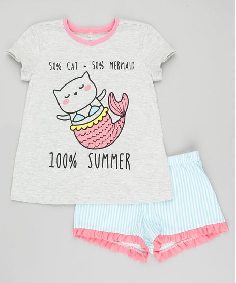 Pijama-Infantil-Gato-Sereia-Manga-Curta-com-Estampa-Listrada-Cinza-Mescla-9405397-Cinza_Mescla_1