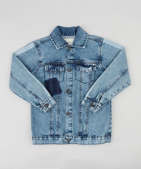 Jaqueta Jeans Infantil com Faixas nas Mangas Azul Escuro Menor preço em Jaqueta Jeans Infantil com Faixas nas Mangas Azul Escuro