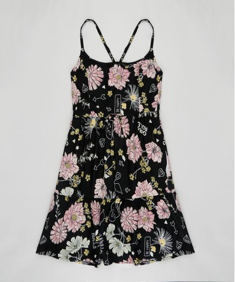 Vestido-Infantil-Estampado-Floral-com-Tiras-Decote-Redondo-Preto-9182795-Preto_1