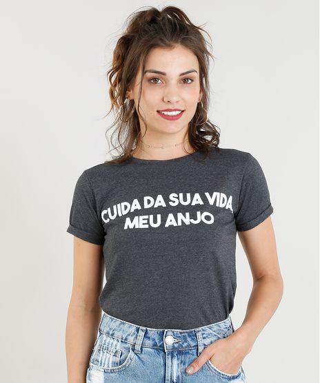 Blusa-Feminina--Cuida-da-Sua-Vida--Manga-Curta-Decote-Redondo-Cinza-Mescla-Escuro-9388566-Cinza_Mescla_Escuro_1