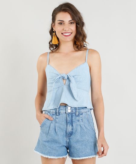 Regata Jeans Feminina Cropped com Nó e Babado Decote V Azul Claro Menor preço em Regata Jeans Feminina Cropped com Nó e Babado Decote V Azul Claro