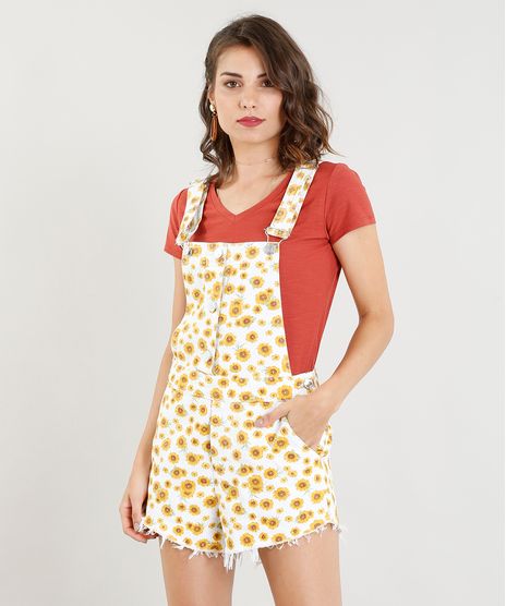 Jardineira-de-Sarja-Feminina-Estampada-de-Girassol-com-Botoes-Branca-9405606-Branco_1