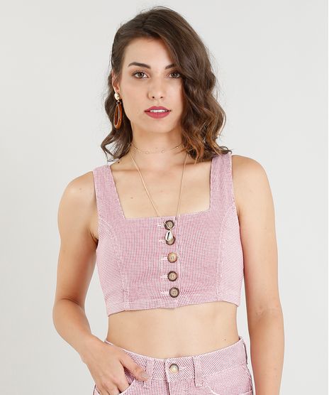 Top-Cropped-de-Sarja-Feminino-Estampado-Pied-de-Poule-com-Botoes-Vermelho-9427952-Vermelho_1