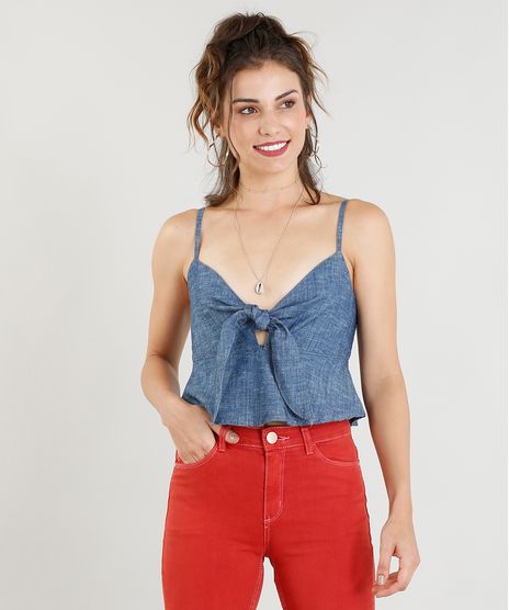 Regata-Jeans-Feminina-Cropped-com-No-e-Babado-Decote-V-Azul-Medio-9365637-Azul_Medio_1