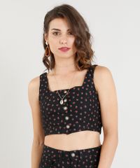 Top-Cropped-de-Sarja-Feminino-Estampado-Floral-com-Botoes-Preto-9372317-Preto_1