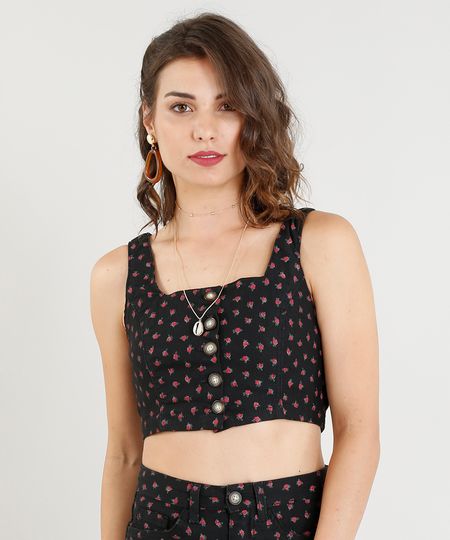 Top-Cropped-de-Sarja-Feminino-Estampado-Floral-com-Botoes-Preto-9372317-Preto_1