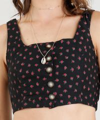 Top-Cropped-de-Sarja-Feminino-Estampado-Floral-com-Botoes-Preto-9372317-Preto_4