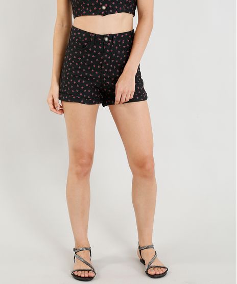 Short-de-Sarja-Feminino-Hot-Pant-Estampado-Floral-com-Barra-Dobrada-Preto-9372311-Preto_1