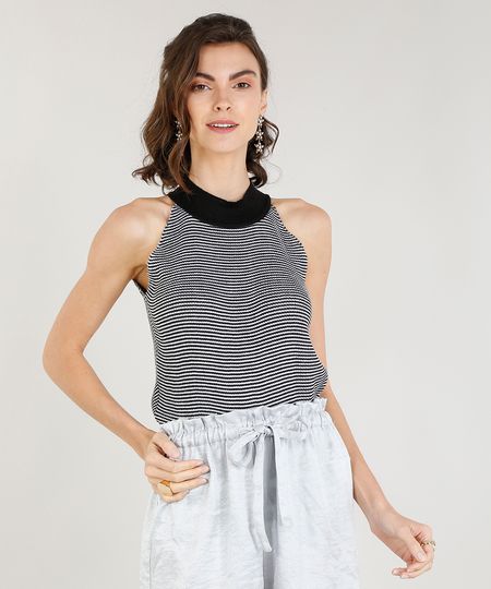 Regata Feminina Halter Neck Canelada Listrada em Tricô Preta Menor preço em Regata Feminina Halter Neck Canelada Listrada em Tricô Preta
