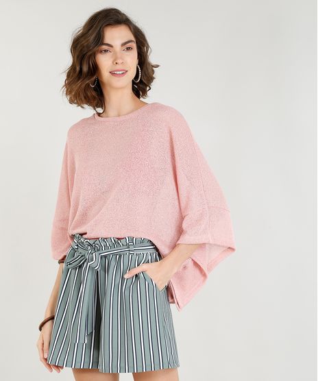 Blusa-Feminina-Ampla-em-Trico-Manga-Curta-Decote-Redondo-Rose-9388150-Rose_1