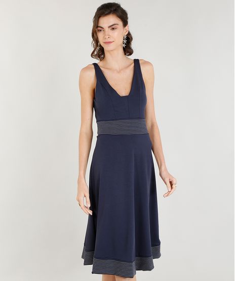 Vestido-Evase-Feminino-com-Pespontos-Decote-V-Azul-Marinho-9369025-Azul_Marinho_1