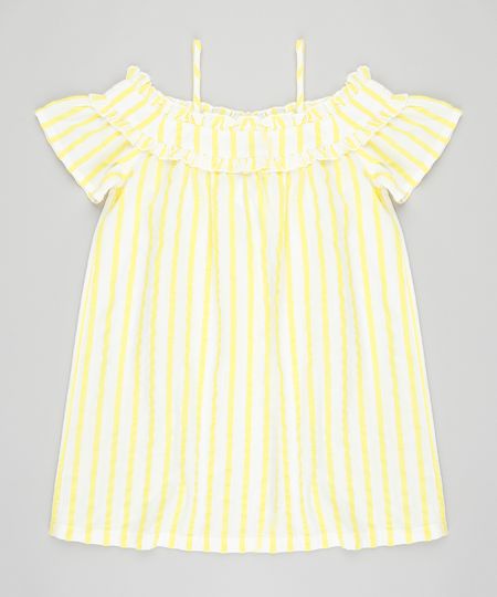Vestido Infantil Open Shoulder Listrado Manga Curta Off White Menor preço em Vestido Infantil Open Shoulder Listrado Manga Curta Off White