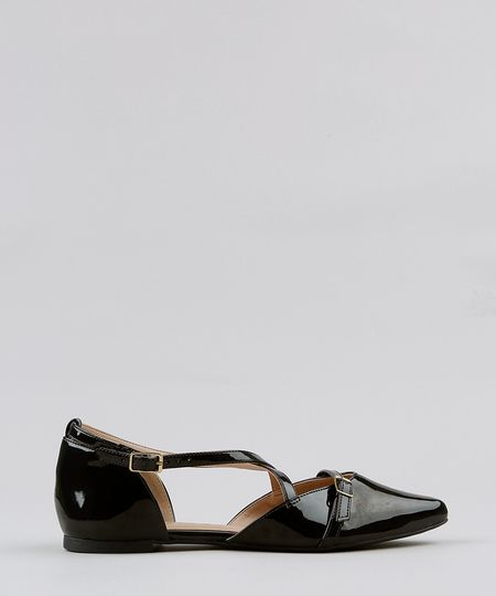 Sapatilha Bico Fino Feminina Via Uno em Verniz com Fivelas Preta Menor preço em Sapatilha Bico Fino Feminina Via Uno em Verniz com Fivelas Preta