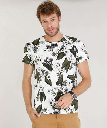 Camiseta-Masculina-Slim-Fit-Estampada-de-Folhagem-e-Caveira-Manga-Curta-Gola-Careca-Branca-9385989-Branco_1