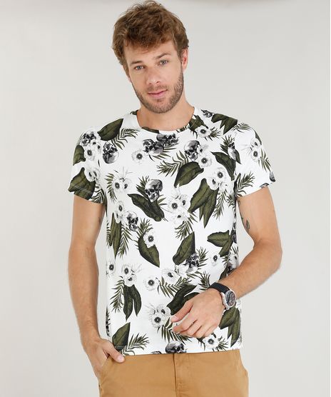 Camiseta-Masculina-Slim-Fit-Estampada-de-Folhagem-e-Caveira-Manga-Curta-Gola-Careca-Branca-9385989-Branco_1