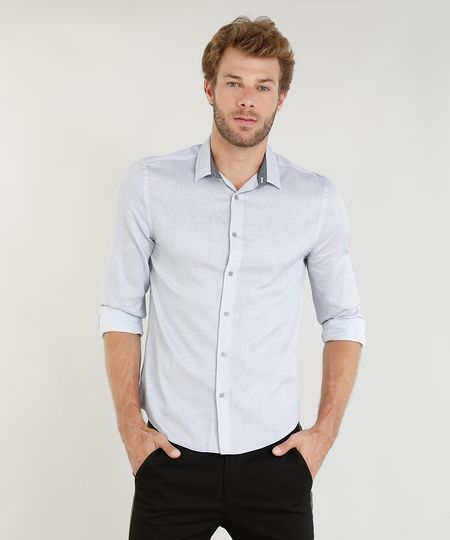 Camisa Masculina Comfort Texturizada Manga Longa Cinza Claro Menor preço em Camisa Masculina Comfort Texturizada Manga Longa Cinza Claro
