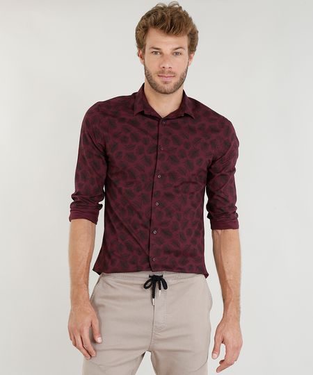Camisa-Masculina-Slim-Estampada-de-Folhagem-Manga-Longa-Vinho-9253700-Vinho_1 Camisa-Masculina-Slim-Estampada-de-Folhagem-Manga-Longa-Vinho-9253700-Vinho_1