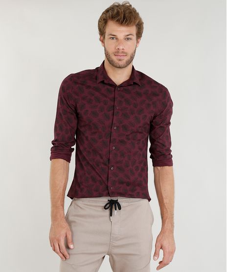 Camisa-Masculina-Slim-Estampada-de-Folhagem-Manga-Longa-Vinho-9253700-Vinho_1
