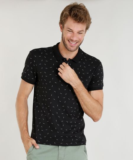 Polo-Masculina-Slim-Fit-Estampada-Mini-Print-Manga-Curta--Preta-9328896-Preto_1