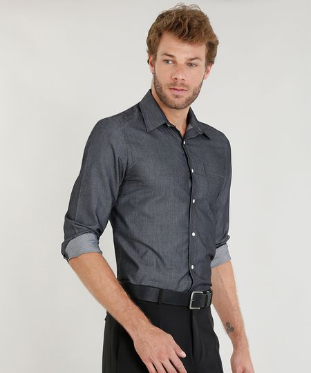 Camisa Masculina Comfort Texturizada com Bolso Manga Longa Chumbo Menor preço em Camisa Masculina Comfort Texturizada com Bolso Manga Longa Chumbo