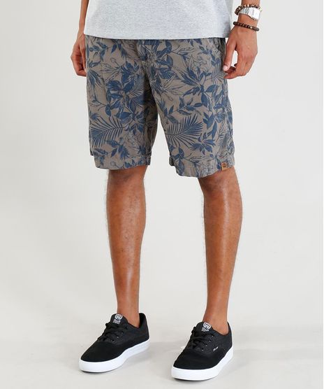 Bermuda-de-Sarja-Masculina-Estampada-de-Folhagem-Verde-Escuro-9403083-Verde_Escuro_1