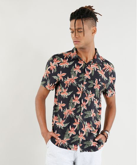 Camisa-Masculina-Estampada-Floral-Manga-Curta-Preta-9395736-Preto_1