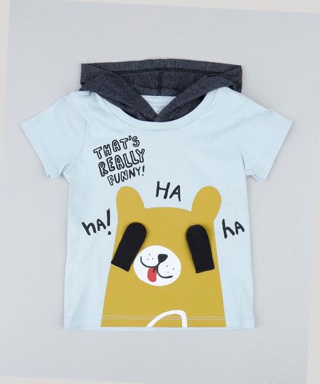 Camiseta Infantil com Estampa Interativa e Capuz Manga Curta Cinza Claro Menor preço em Camiseta Infantil com Estampa Interativa e Capuz Manga Curta Cinza Claro