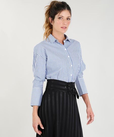 Camisa Feminina Mindset Listrada Manga Longa Azul Menor preço em Camisa Feminina Mindset Listrada Manga Longa Azul