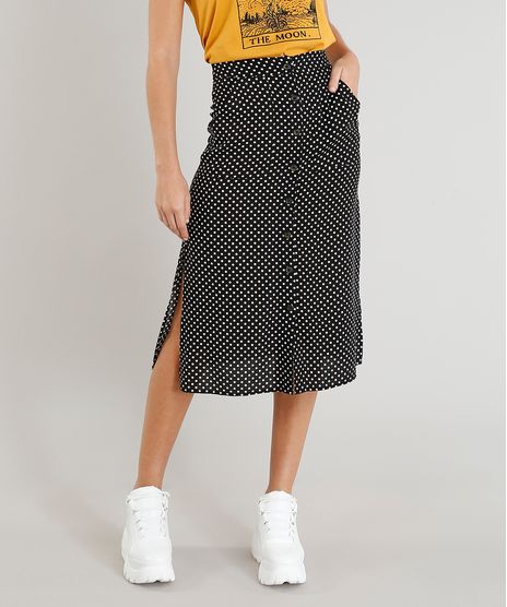 Saia-Feminina-Midi-Estampada-de-Poa-com-Fendas-Preta-9247472-Preto_1