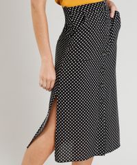 Saia-Feminina-Midi-Estampada-de-Poa-com-Fendas-Preta-9247472-Preto_4