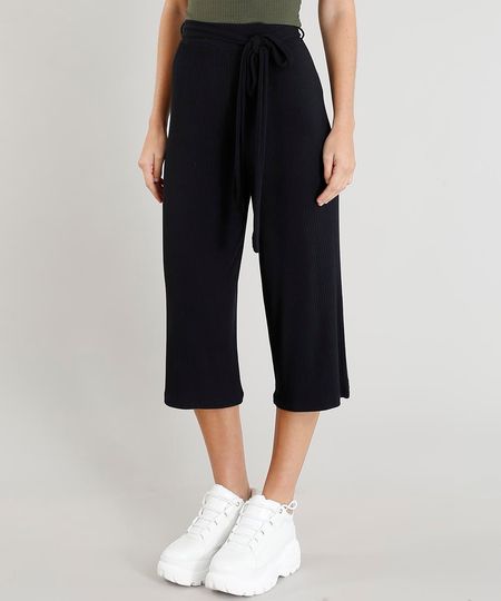 Calca-Pantacourt-Feminina-Canelada-com-Faixa-de-Amarrar-Preta-9439860-Preto_1